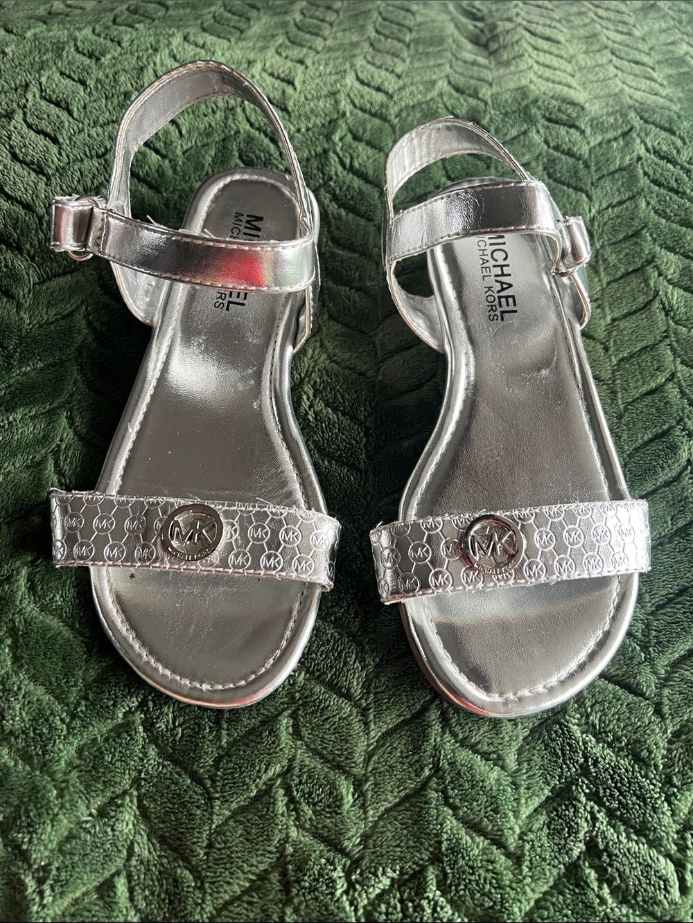MICHAEL Michael Kors Girls' Metallic Silver MK Logo Ankle Strap Sandals